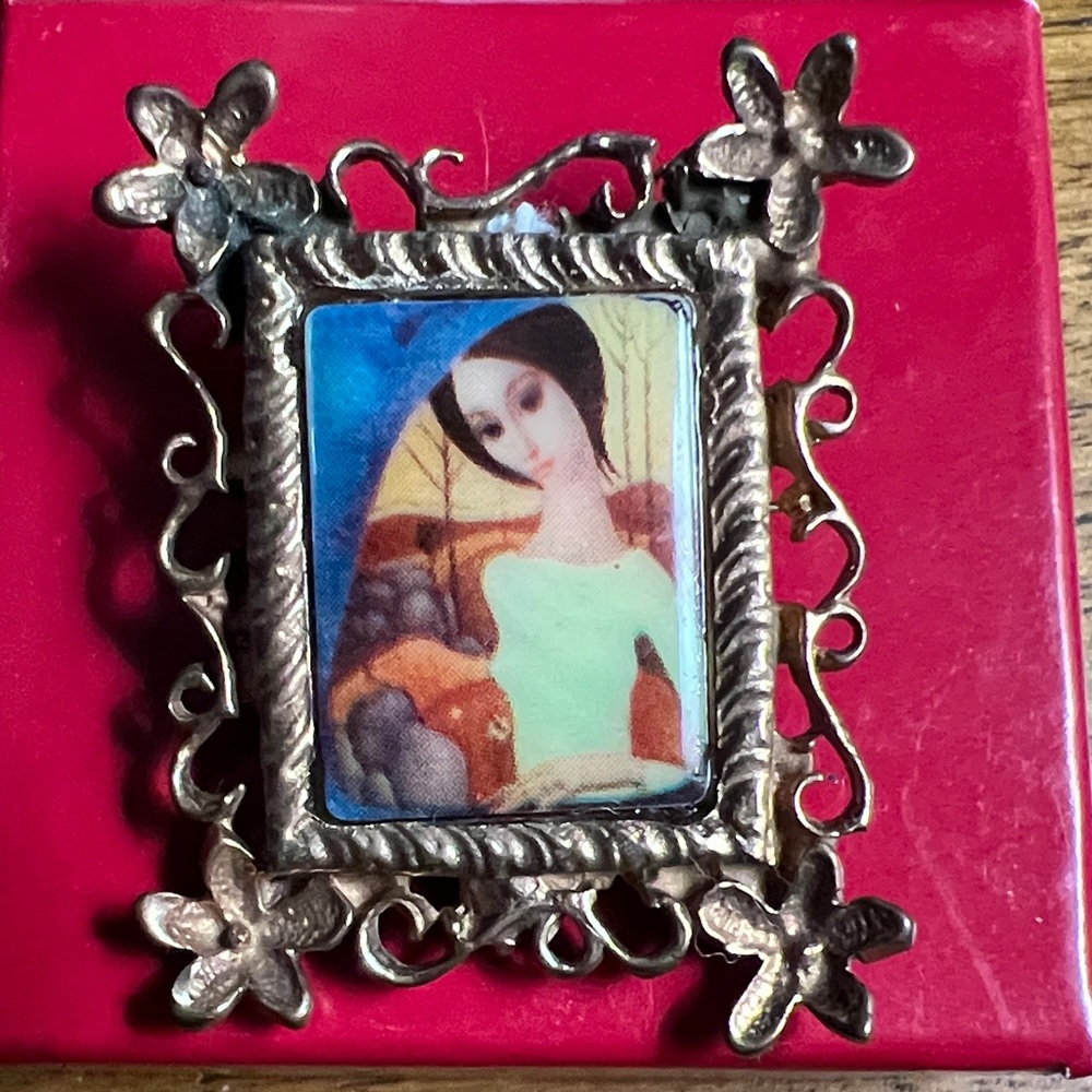 Sidney Mobell “Demiurge” Pin Ceramic Pendant In the style of Margaret Keane